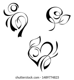 Three decorative elements with curls and leaves in black lines on a white background. SET