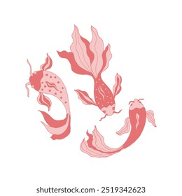 Três peixes decorativos sobre fundo branco. Peixes desenhados à mão koi. Ilustração vetorial. Estilo Doodle.
