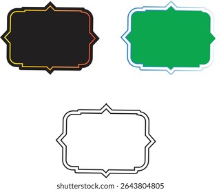 Three decorative frames in black and orange, green and blue, and black outline on a white background.
