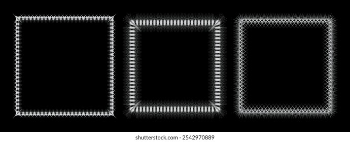 Three decorative gray frames on black background. Each frame has unique, intricate design. Thorn or web like appearance. Grunge, edgy and raw aesthetics for your graphic design projects.