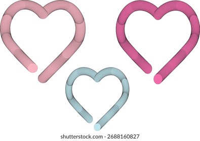 Three decorative hearts with floral patterns in pink and teal for romantic designs and celebrations