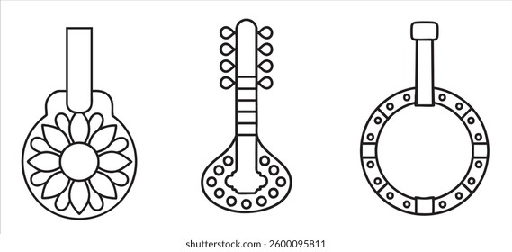 Três instrumentos musicais decorativos em um estilo de arte de linha simples.