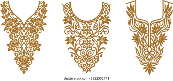 Three decorative neck line embroidery designs for fashion clothing apparel