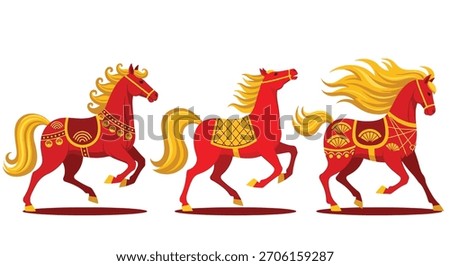 Three decorative red horses with flowing golden manes and tails, adorned with ornate saddle blankets, depicted in a dynamic, running pose.
