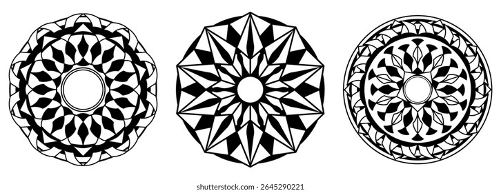 Three decorative rosettes. Design of frames. Set of circular patterns. Black and white round ornament. Vector illustration.