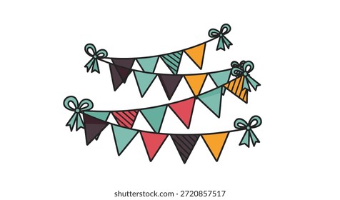 Drei dekorative Reihen von bunten Dreieck bunting Fahnen mit Bögen am Ende für eine Party oder festliche Feier.
