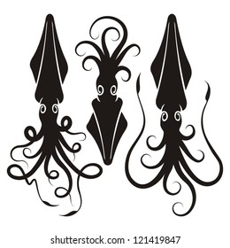 Three decorative squid silhouettes isolated on white background.