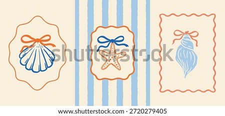 Three decorative wavy labels in coral and blue tones. Includes scallop shell, starfish, and spiral shell with ribbon bows. Ideal for summer tags, greeting cards, packaging or journals.