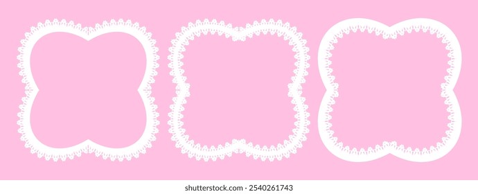 Three decorative white asymmetrical frames. Lace-like intricate pattern on each frame. Vintage-inspired delicate design. Elegant and charming visual appeal. For framing text or images in invitation.