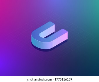 'THREE DEE' tech font character 'U', isometric vector illustration