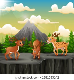 Three deer cartoon on the mountain a cliff