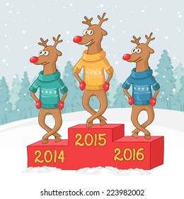 three deer dance. Winter forest landscape. Postcard Merry Christmas. Vector