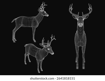 Three deer in a detailed wireframe 3D model stand elegantly on a black background. The white outlines create a striking contrast against the dark backdrop, emphasizing their realistic form.