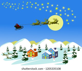 Three deer are dragging the Santa Car to the stars on blue background. There are  houses and snow mountains as the ground. 