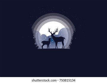 Three Deer in forest with snow in the winter ,concept Merry Christmas