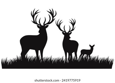 Three deer in a meadow. Black vector silhouette. Transparent background. Used for collage in web design. Close-up. 