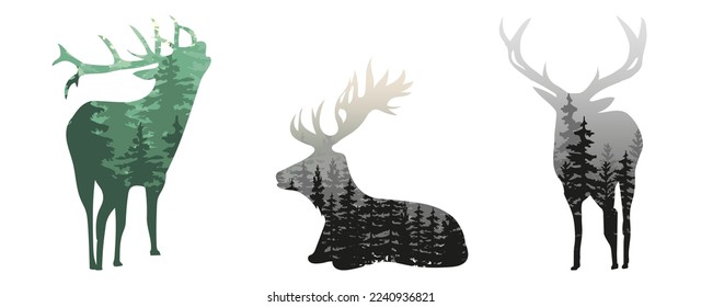 Drei Hirschsilhouette mit Fichtenwald