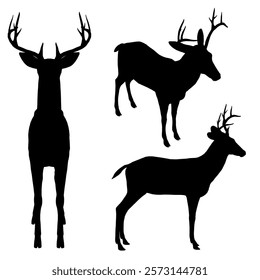 Three deer silhouettes with antlers. The deer are standing in different positions, with one deer standing tall and the other two deer standing sideways. The silhouettes give a sense of depth