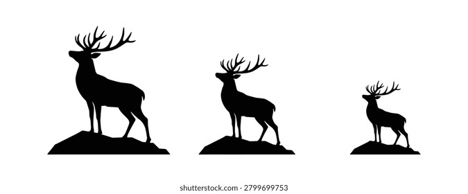 Three deer silhouettes with antlers standing on small hills isolated on transparent background