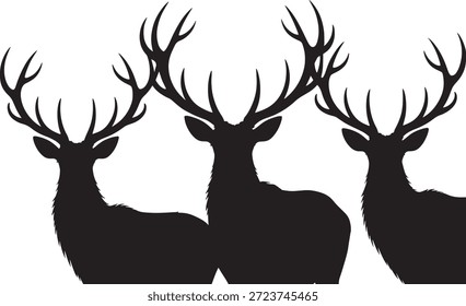 Three deer silhouettes with impressive antlers stand together showcasing wildlife elegance and natural beauty in a simple yet striking black and white visual representation.