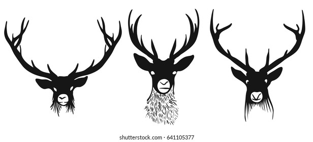 Three deers heads silhouettes, Digital Wall Art, Vector Drawing, Various versions for Large Print and small Icon.