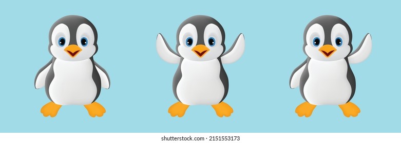 three defrent standing pose penguin vector illustration isolated on sky blue color.