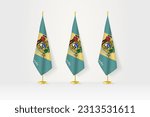 Three Delaware flags in a row on a golden stand, illustration of press conference and other meetings. Vector illustration.