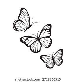 Tres delicadas mariposas en un sencillo estilo de ilustración en blanco y negro