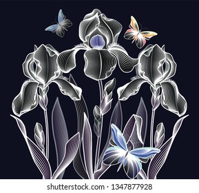 Three delicate contoured irises with butterflies in pastel colors