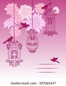 Three delicate vintage bird cage and free birds on the background of blooming flowers