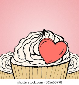 Three delicate white cakes with cream frosting in a pink heart and 
waffle cup Valentine's Day looks below the image.