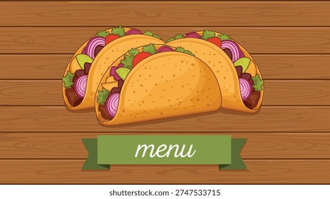 Three delicious beef tacos with red onions and greens sit on a dark wooden table with a green menu ribbon label.