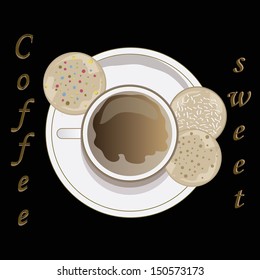 three delicious cookies with a hot coffee in a black background with text