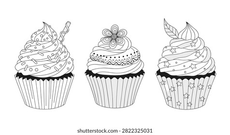 Three delicious cupcakes with unique decorative toppings and frosting presented in detailed black and white line art for a coloring book.