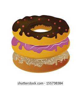 three delicious and different donuts in a pile in white background