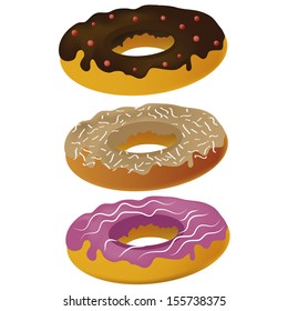 three delicious donuts with different styles in white background