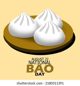 Tres deliciosos bollos comúnmente conocidos como pao o baozi, que significa pan caliente asiático servido en un plato marrón de madera con texto en negrita sobre fondo marrón claro, Día Nacional del Bao 22 de agosto