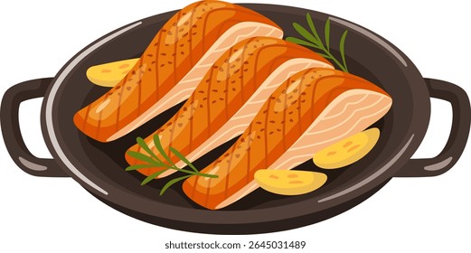 Three delicious grilled salmon fillets seasoned with garlic cloves and rosemary sprigs, served in a black pan, representing a healthy and flavorful meal
