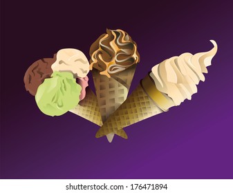 Three delicious ice creams with different flavors wafer cups