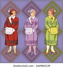Three delicious retro ladies in beautiful dresses on a bright background.