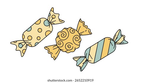 Three Delicious Wrapped Candies with Different Patterns Isolated on a White Background Vector Illustration