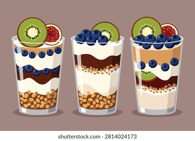 Three delicious yogurt parfaits in glasses layered with granola, yogurt, blueberries, chocolate, and topped with kiwi and fig slices.