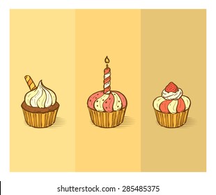 Three delicious yummy vector cupcakes with sprinkles, berry chips, strawberry, hand drawn illustration