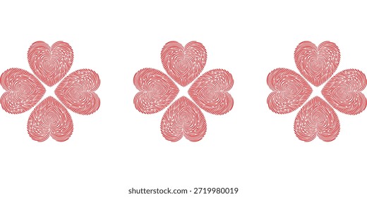 Tres tréboles deliciosos, cada uno formado de cuatro caramelos rosados en forma de corazón, están dispuestos en una fila contra un fondo blanco limpio, creando una imagen dulce y encantadora.