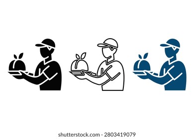 Three delivery workers holding trays with meals and a small basket isolated on transparent background
