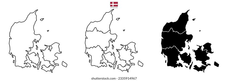 Three Denmark vector maps with flag and state in color. Background map eps 10