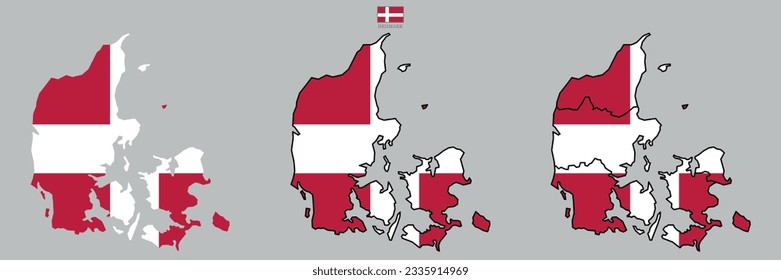 Three Denmark vector maps with flag and state in color. Background map eps 10