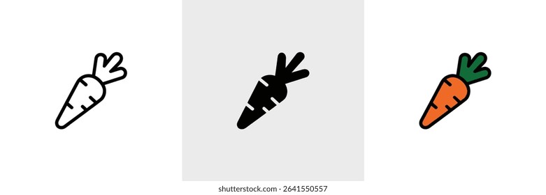 Three depictions of a carrot show a progression from minimalist line art to a filled silhouette, ending with a full-color illustration, all against a bright, neutral background.