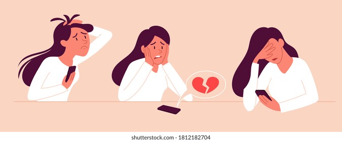 Three depictions of a sad young woman, one stressed and anxious, one with broken heart and one reading disturbing news on her mobile phone, colored vector illustration