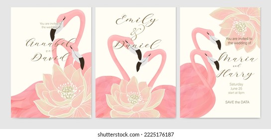 Three design backgrounds for wedding invitation cards with pink flamingos and lotus